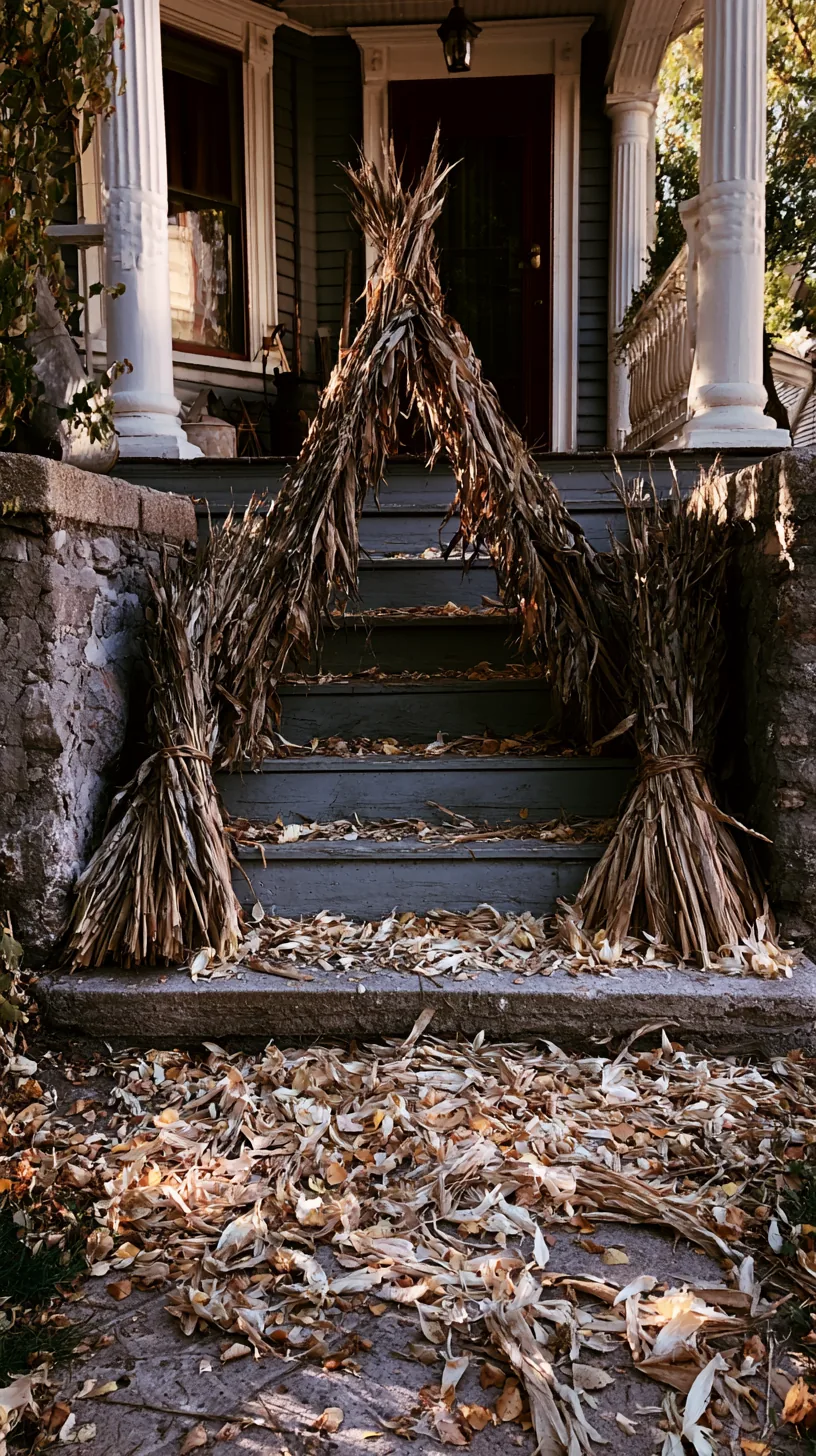 cornstalks tied into a teepee shape flanking porch steps, photo 3 of 4