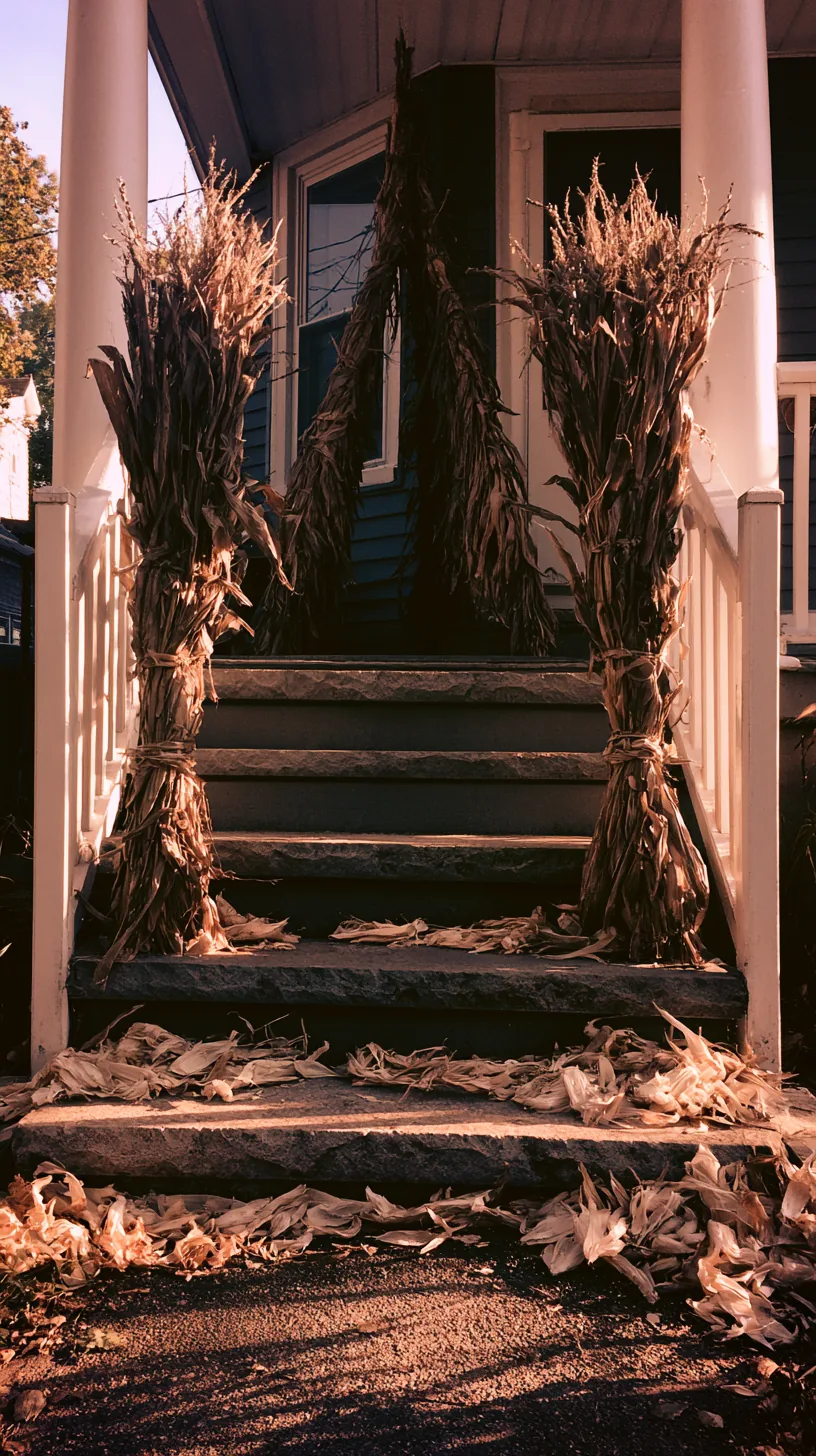 cornstalks tied into a teepee shape flanking porch steps, photo 4 of 4