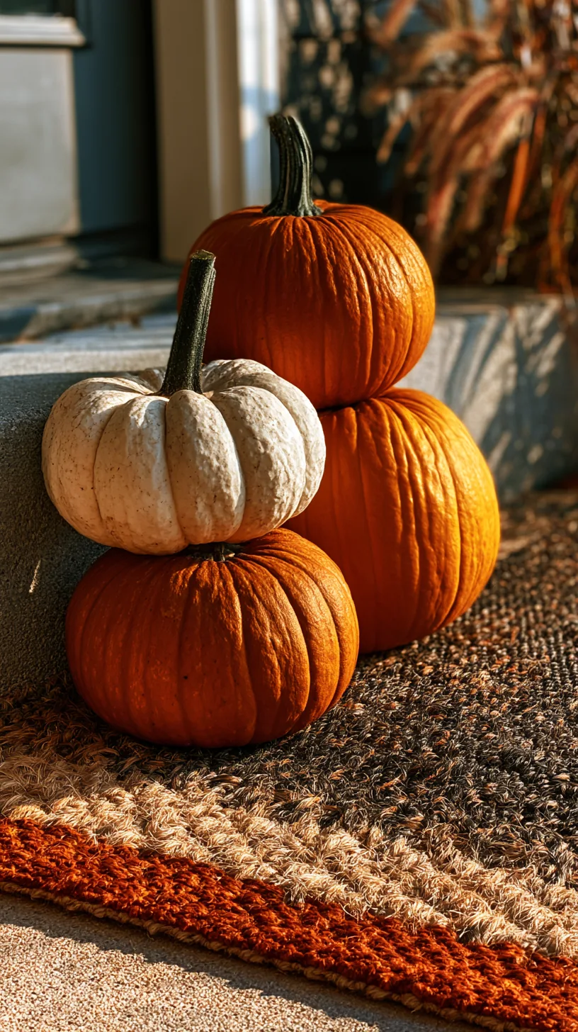 a rustic fall welcome mat layered under three stacked pumpkins, photo 1 of 4