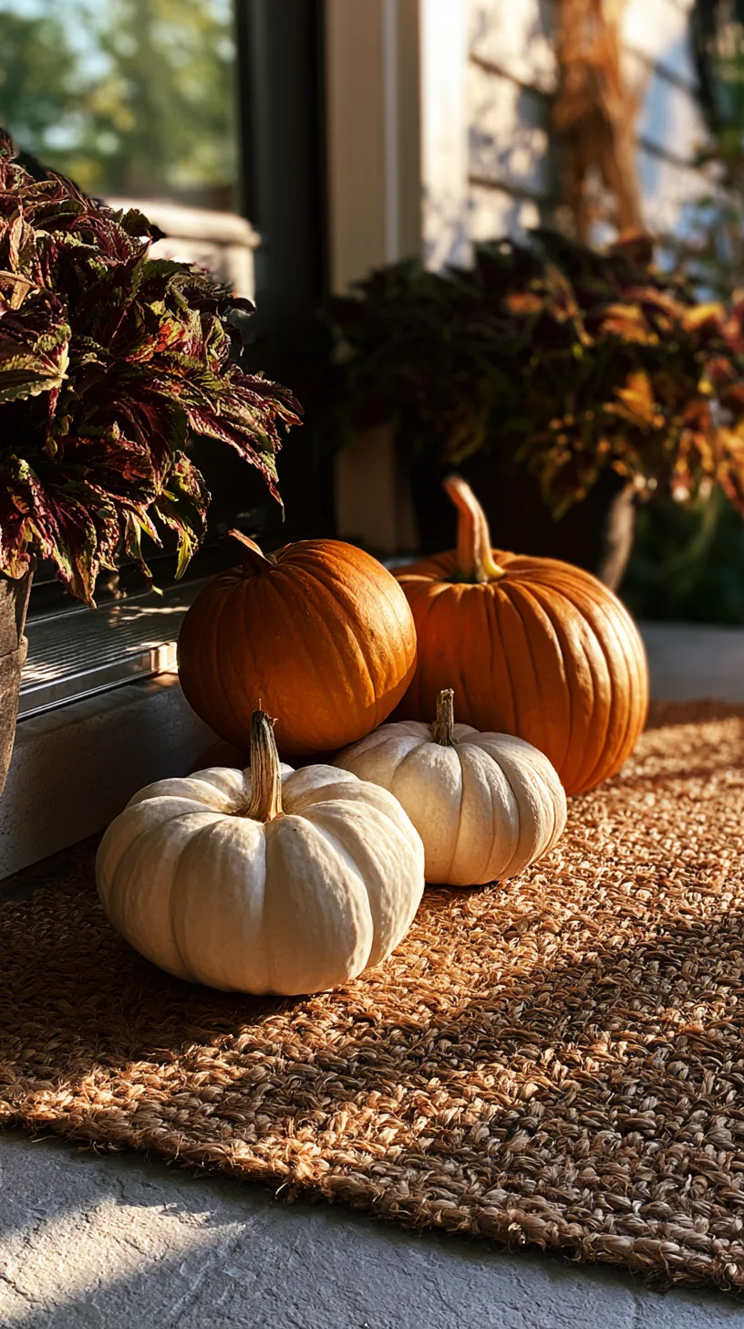 a rustic fall welcome mat layered under three stacked pumpkins, photo 2 of 4