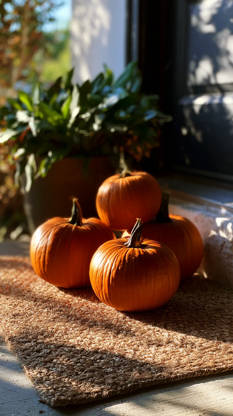 a rustic fall welcome mat layered under three stacked pumpkins, photo 3 of 4