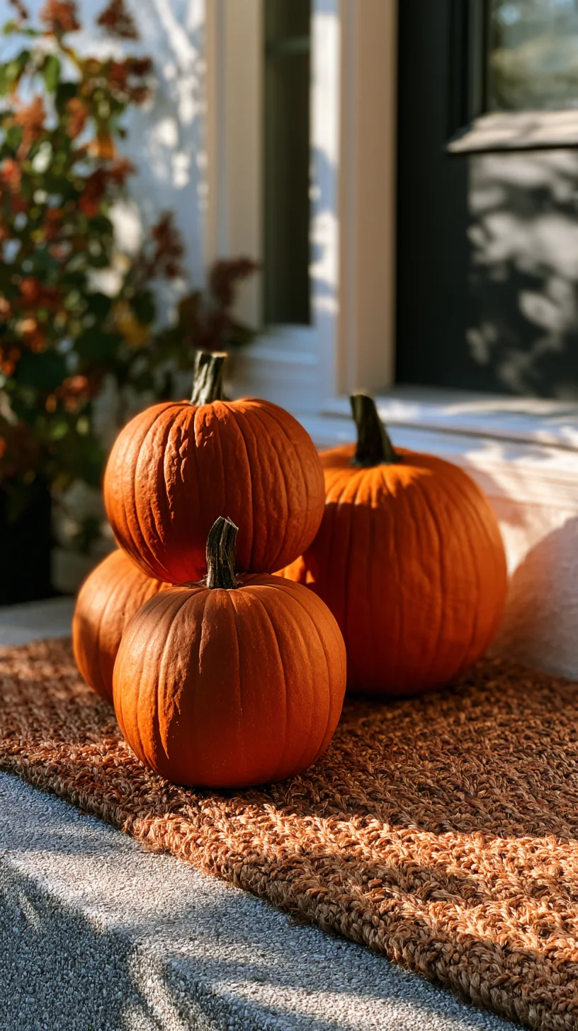a rustic fall welcome mat layered under three stacked pumpkins, photo 4 of 4