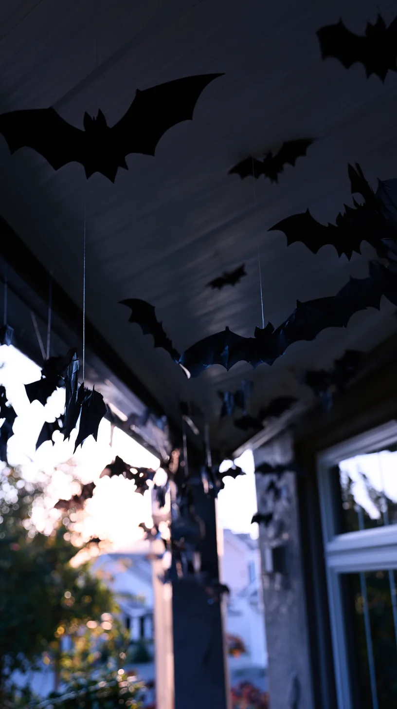 black bat silhouettes hanging from a porch ceiling on fishing line, photo 1 of 4