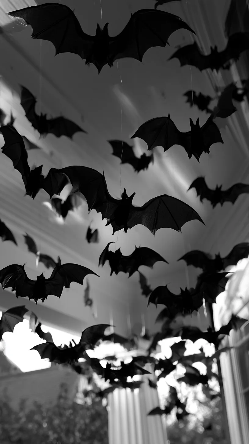 black bat silhouettes hanging from a porch ceiling on fishing line, photo 2 of 4