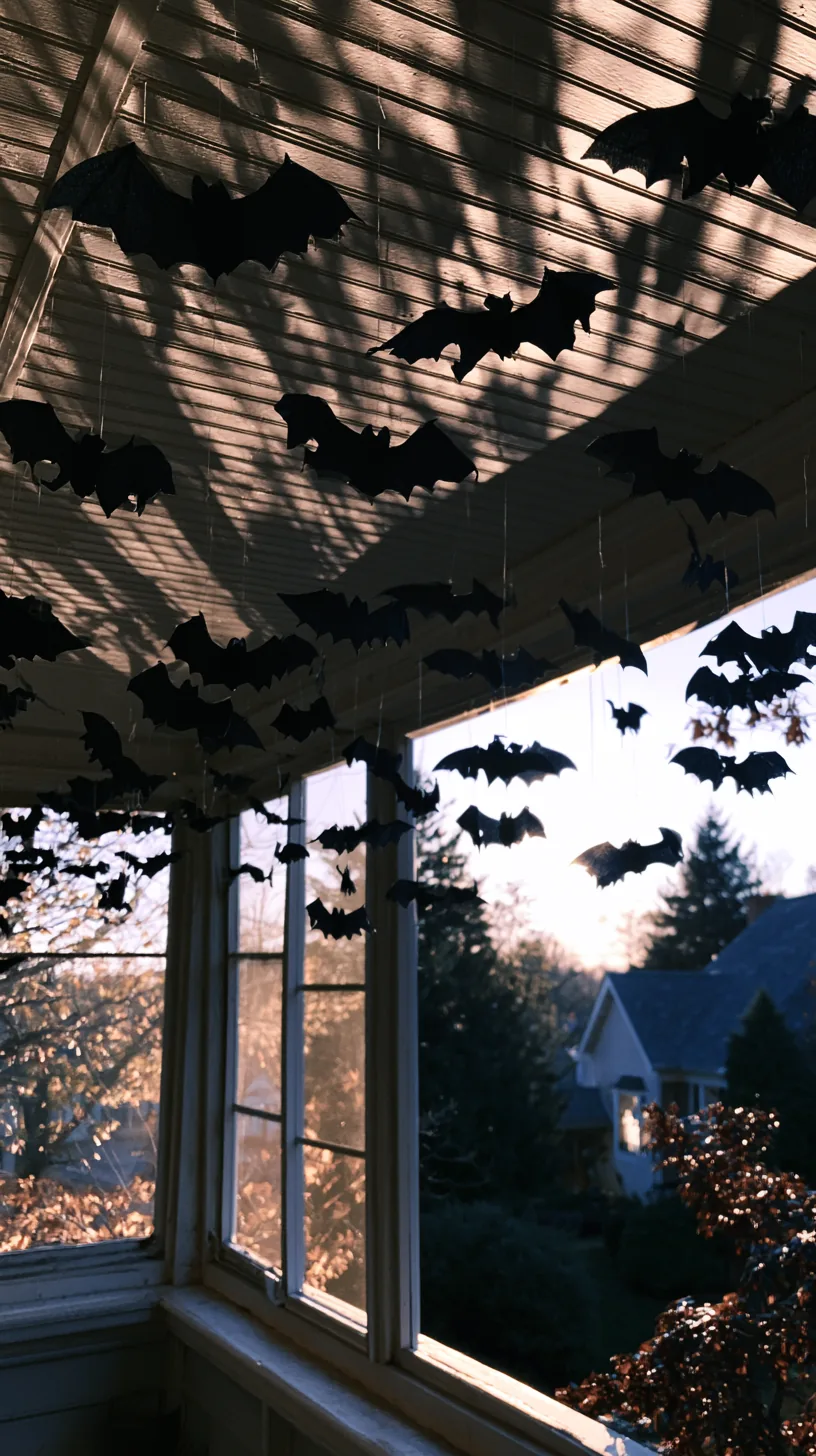 black bat silhouettes hanging from a porch ceiling on fishing line, photo 3 of 4