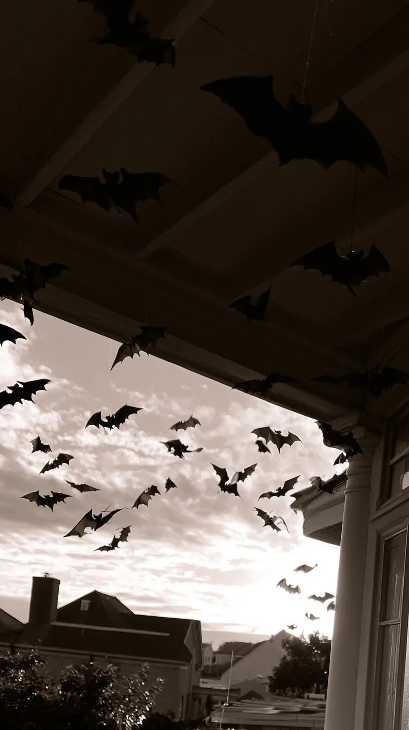 black bat silhouettes hanging from a porch ceiling on fishing line, photo 4 of 4