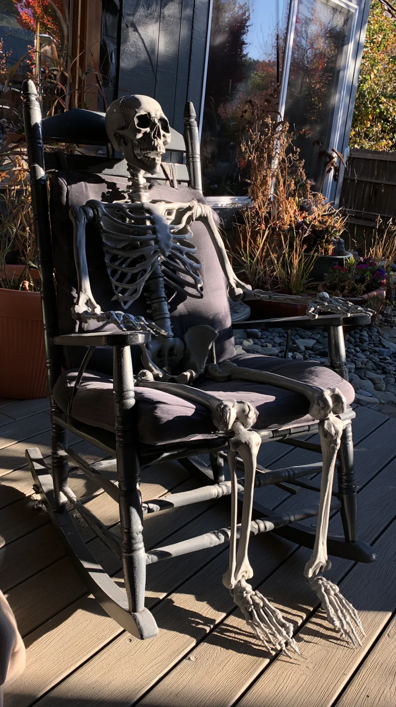 a skeleton figure seated in a bolted-down porch rocking chair, photo 1 of 4