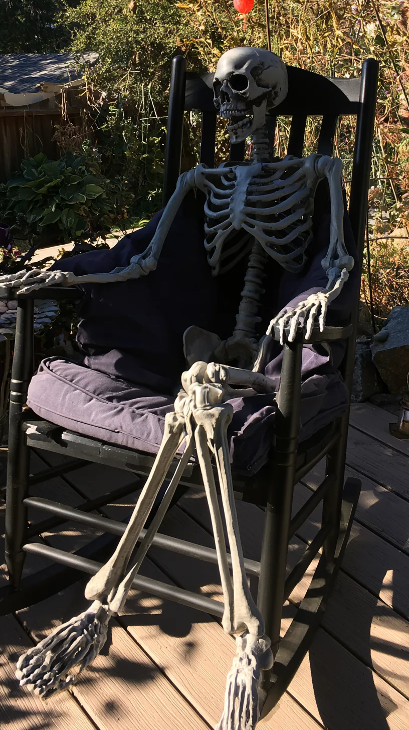 a skeleton figure seated in a bolted-down porch rocking chair, photo 2 of 4