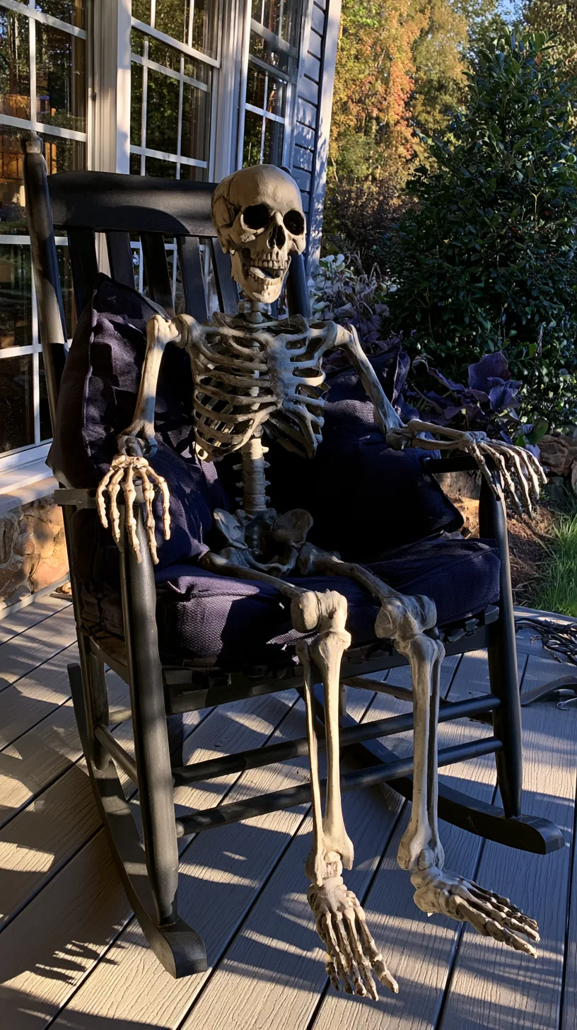 a skeleton figure seated in a bolted-down porch rocking chair, photo 3 of 4