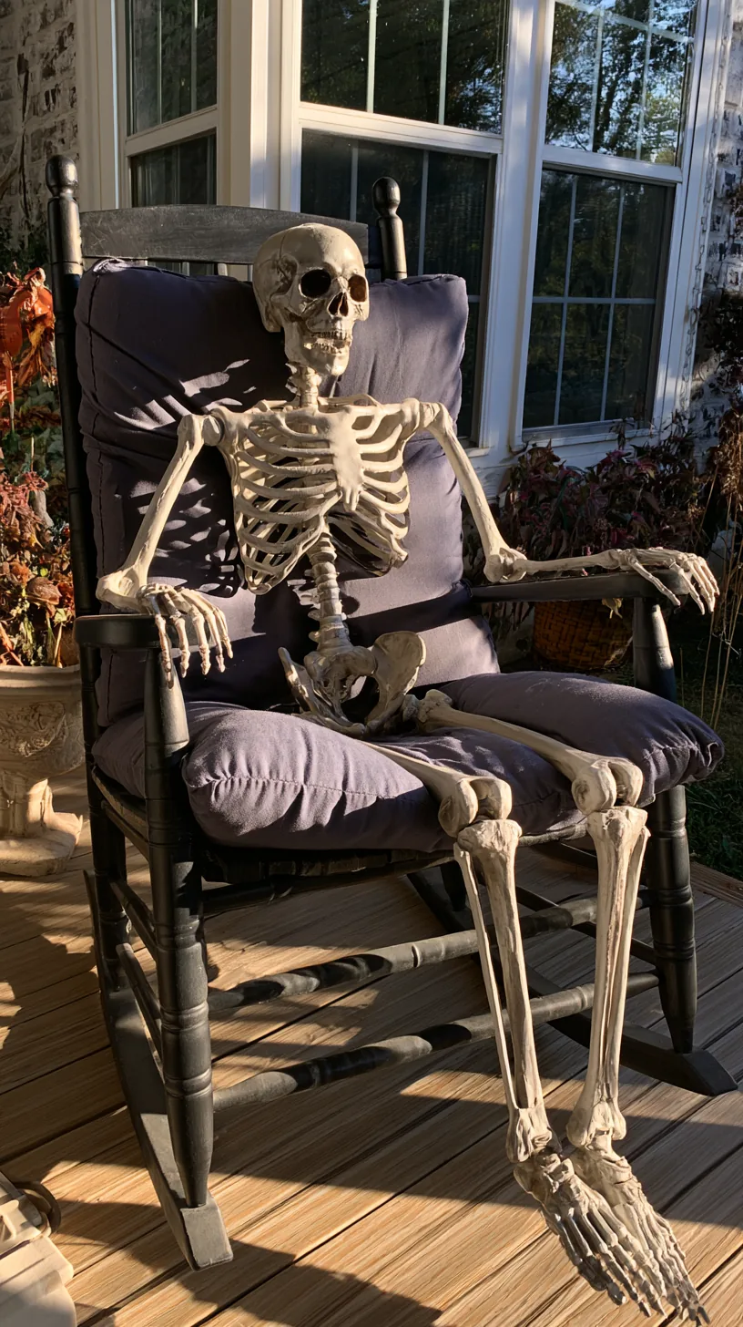 a skeleton figure seated in a bolted-down porch rocking chair, photo 4 of 4