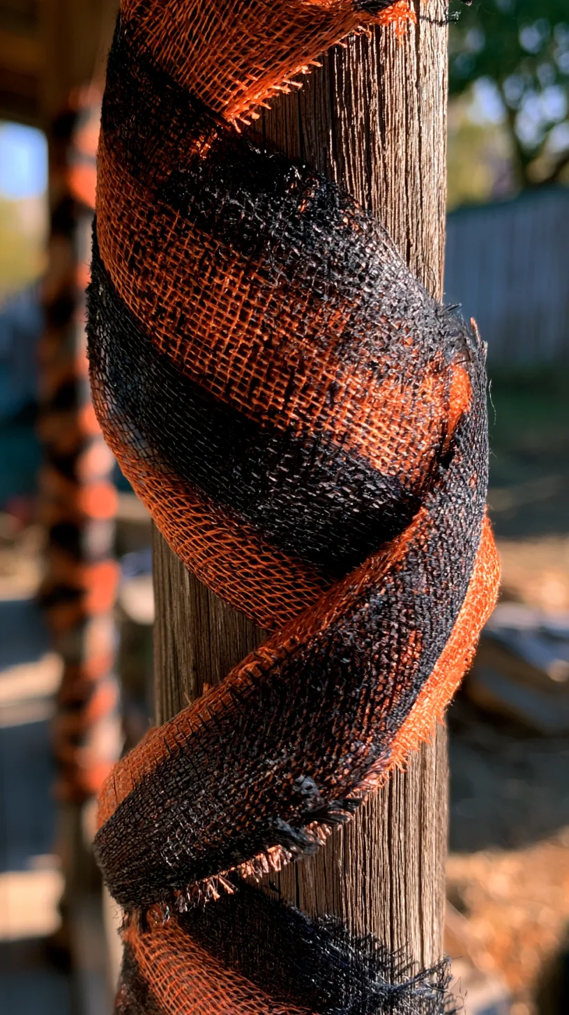 porch posts wrapped in orange and black mesh ribbon, photo 1 of 4
