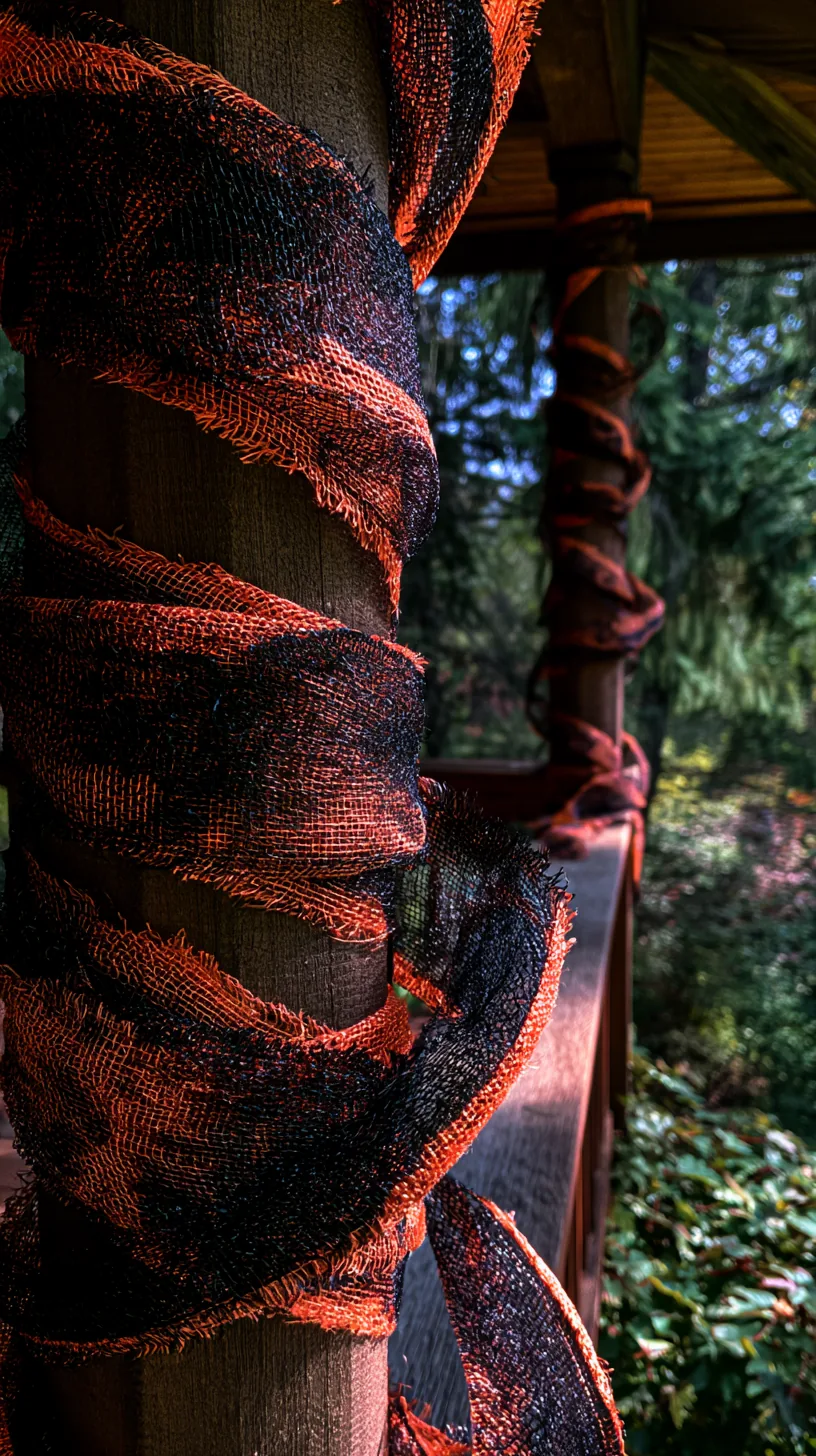 porch posts wrapped in orange and black mesh ribbon, photo 2 of 4