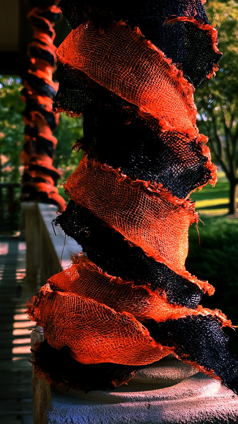 porch posts wrapped in orange and black mesh ribbon, photo 3 of 4