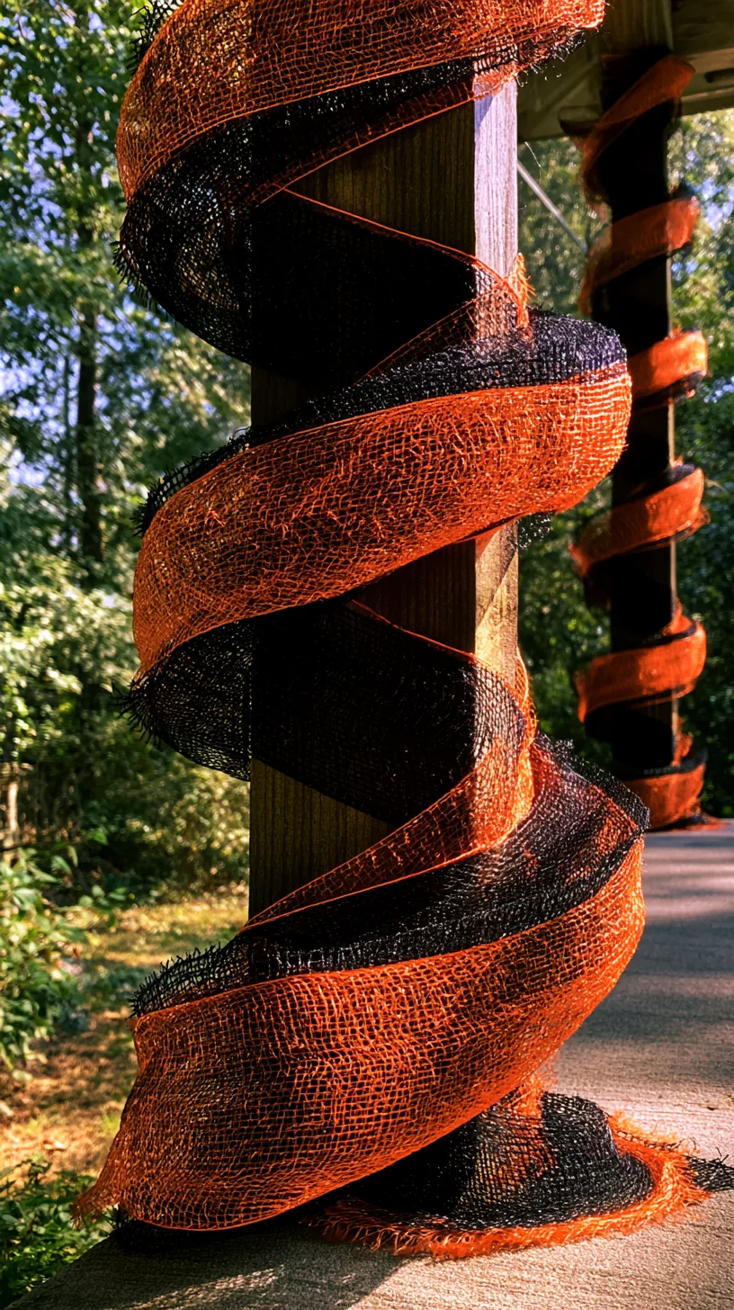 porch posts wrapped in orange and black mesh ribbon, photo 4 of 4