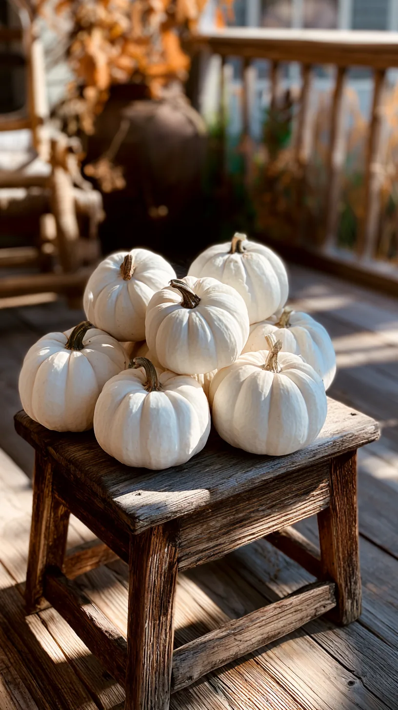 white pumpkins grouped on a vintage wooden step stool on a porch, photo 1 of 4
