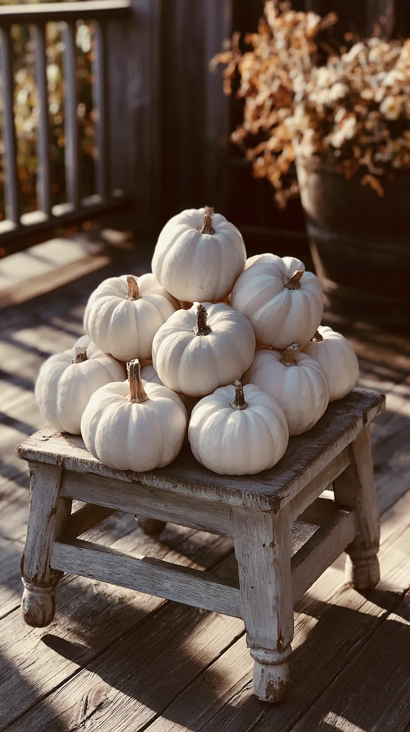 white pumpkins grouped on a vintage wooden step stool on a porch, photo 2 of 4