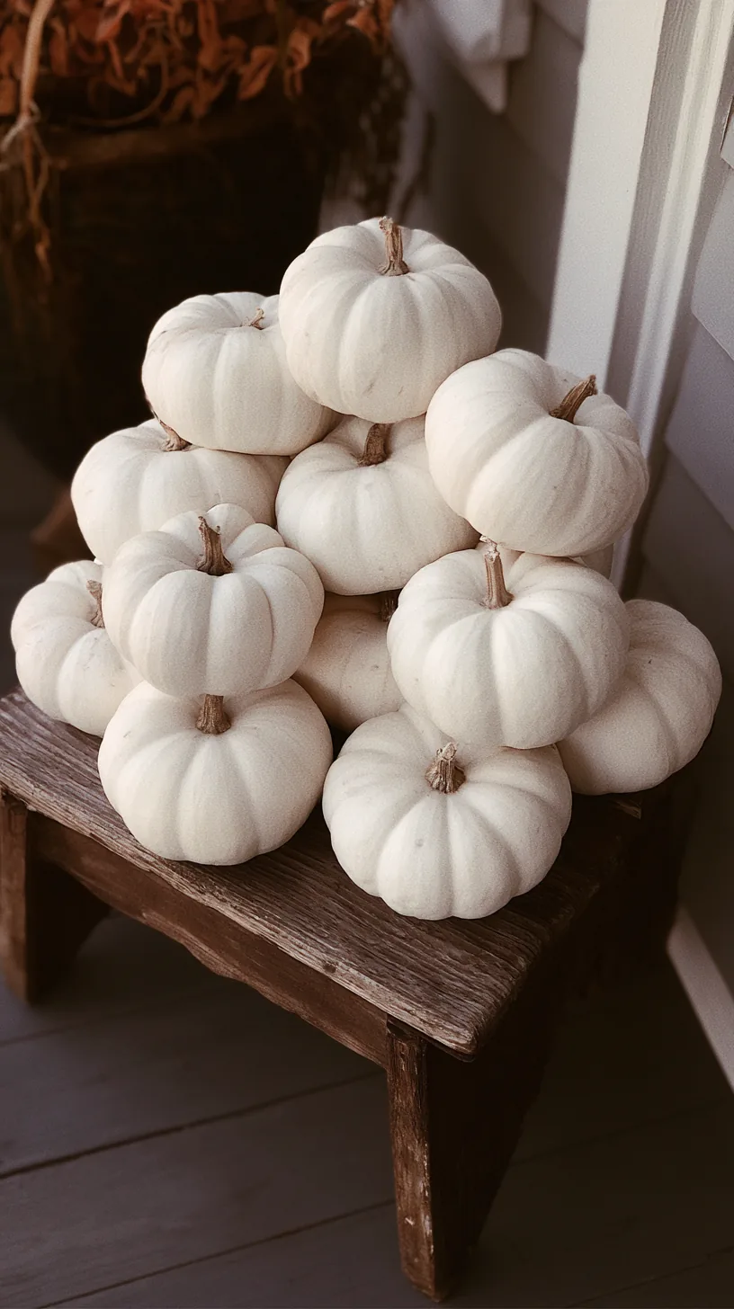 white pumpkins grouped on a vintage wooden step stool on a porch, photo 3 of 4