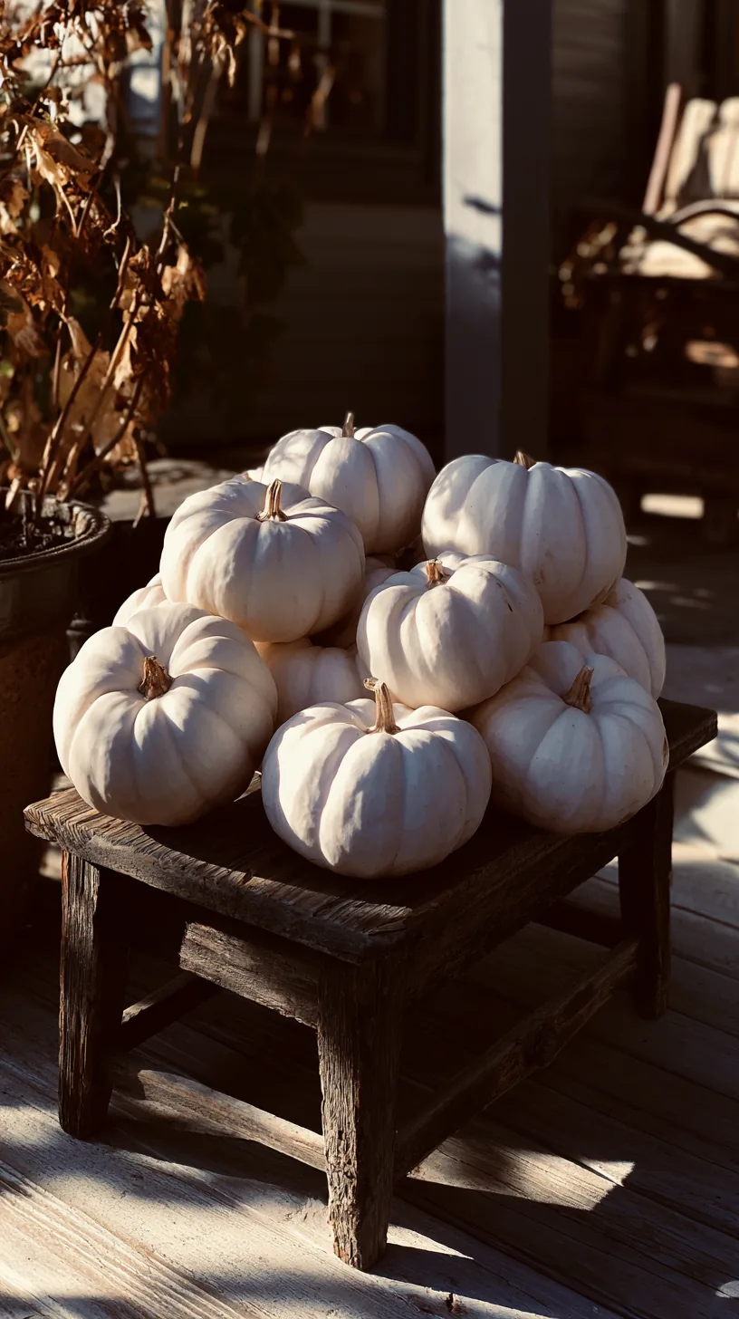 white pumpkins grouped on a vintage wooden step stool on a porch, photo 4 of 4