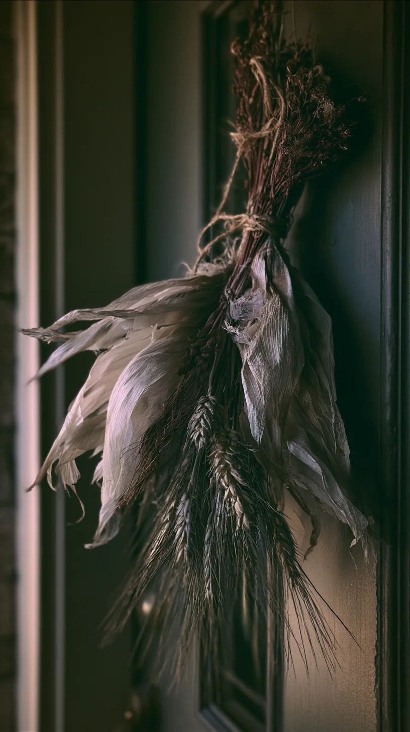 a dried corn husk and wheat bundle hanging on a front door, photo 1 of 4