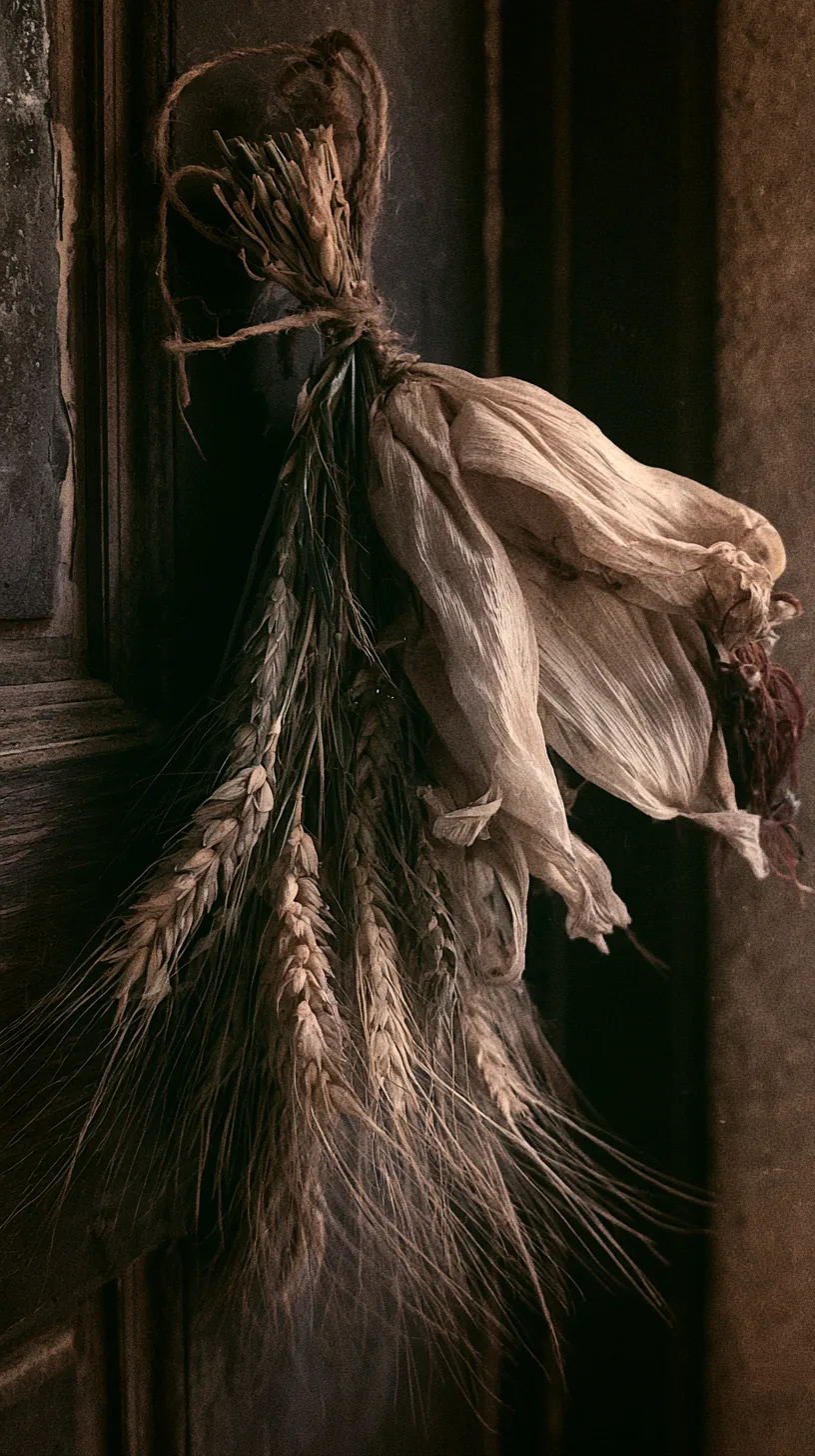a dried corn husk and wheat bundle hanging on a front door, photo 2 of 4