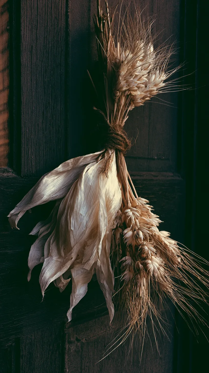 a dried corn husk and wheat bundle hanging on a front door, photo 3 of 4