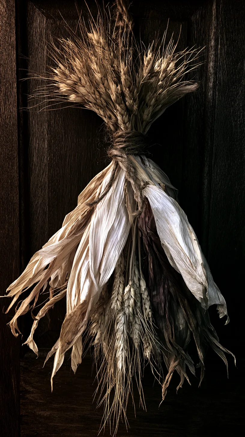 a dried corn husk and wheat bundle hanging on a front door, photo 4 of 4