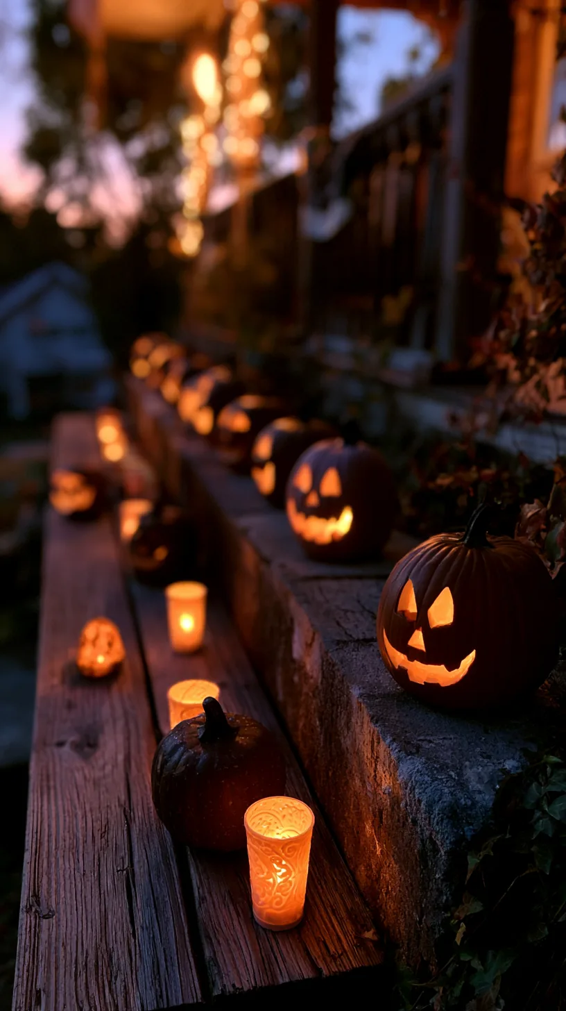 carved jack-o-lanterns lit with LED candles on porch steps, photo 1 of 4