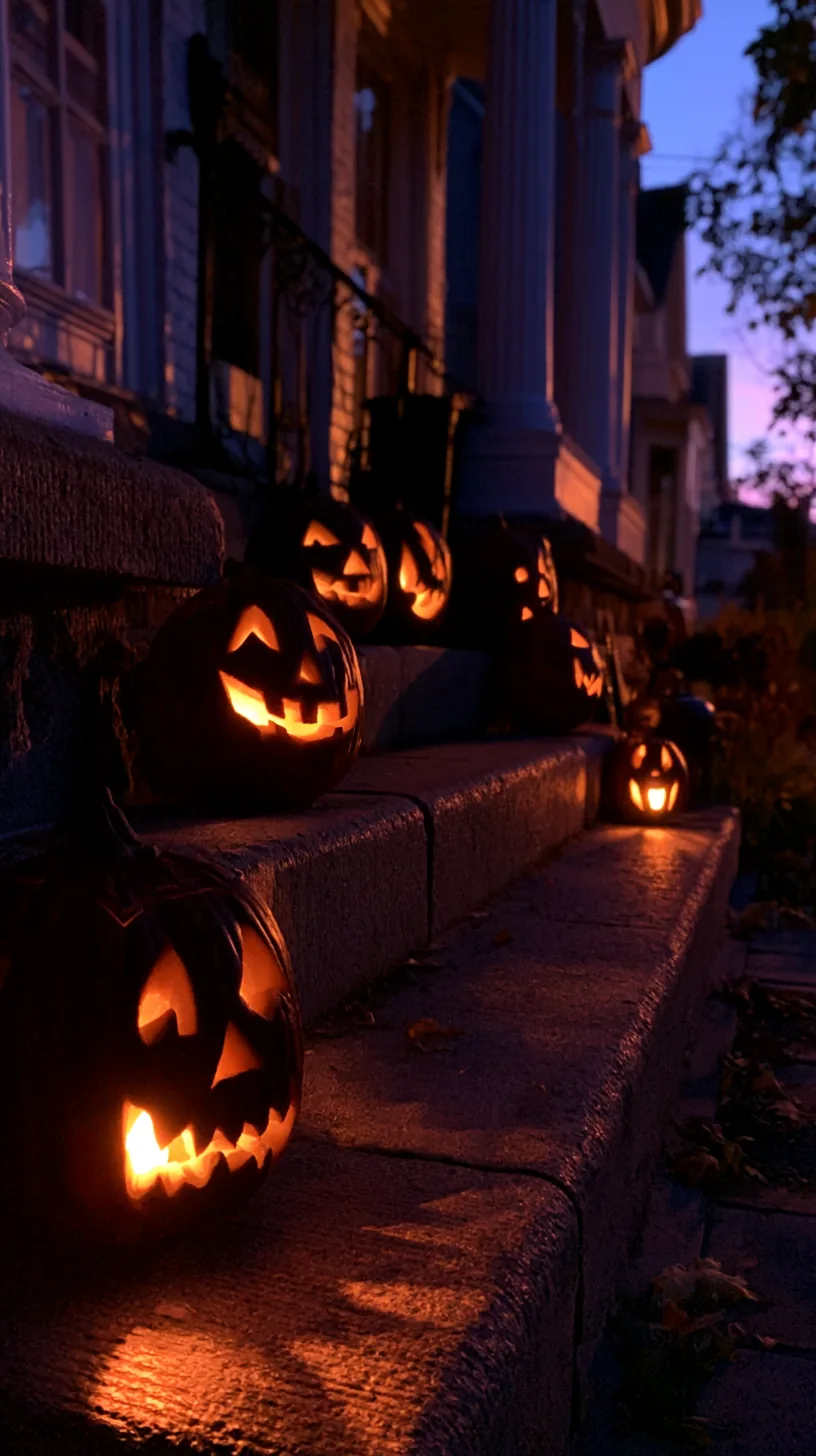 carved jack-o-lanterns lit with LED candles on porch steps, photo 2 of 4