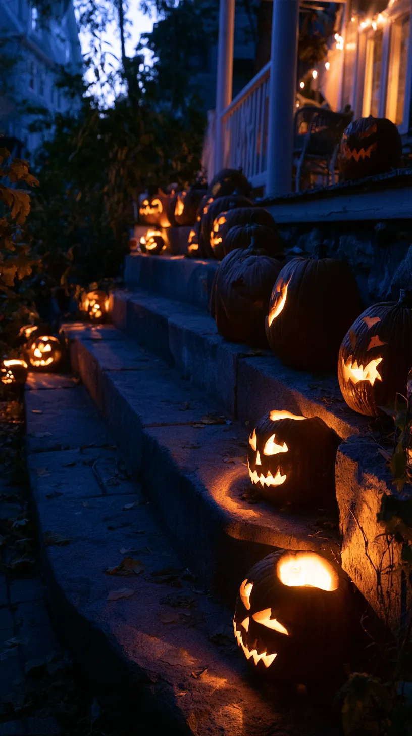carved jack-o-lanterns lit with LED candles on porch steps, photo 3 of 4
