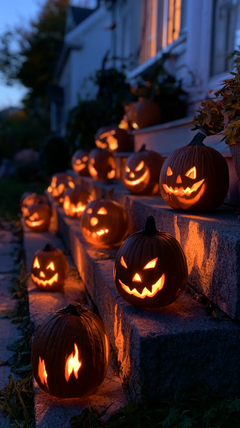 carved jack-o-lanterns lit with LED candles on porch steps, photo 4 of 4