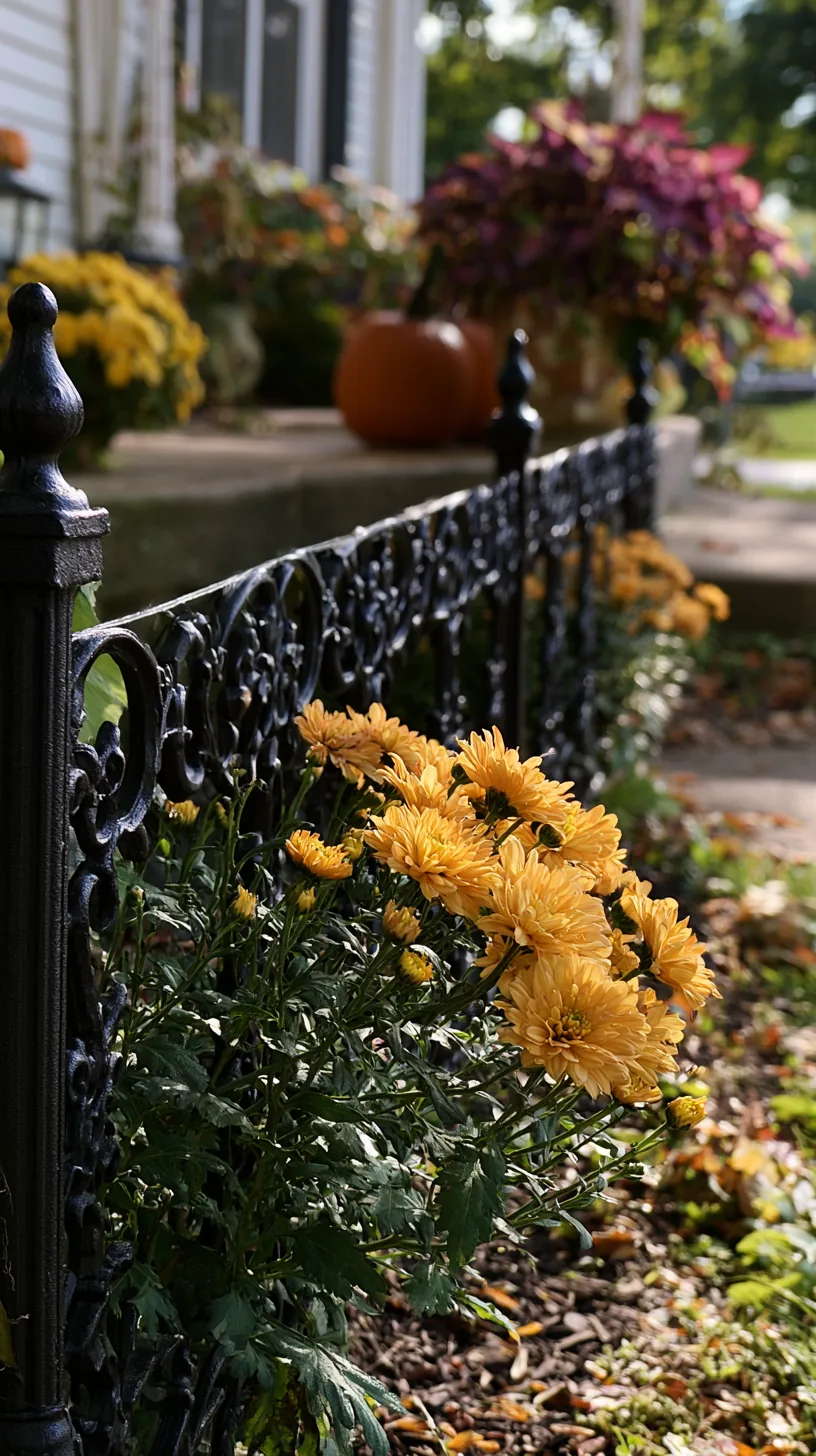 small black faux wrought iron fencing bordering a porch flower bed, photo 1 of 4