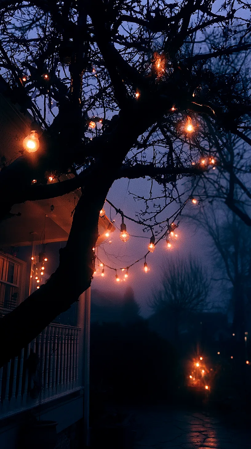 warm string lights draped through the branches of a tree beside a porch, photo 1 of 4