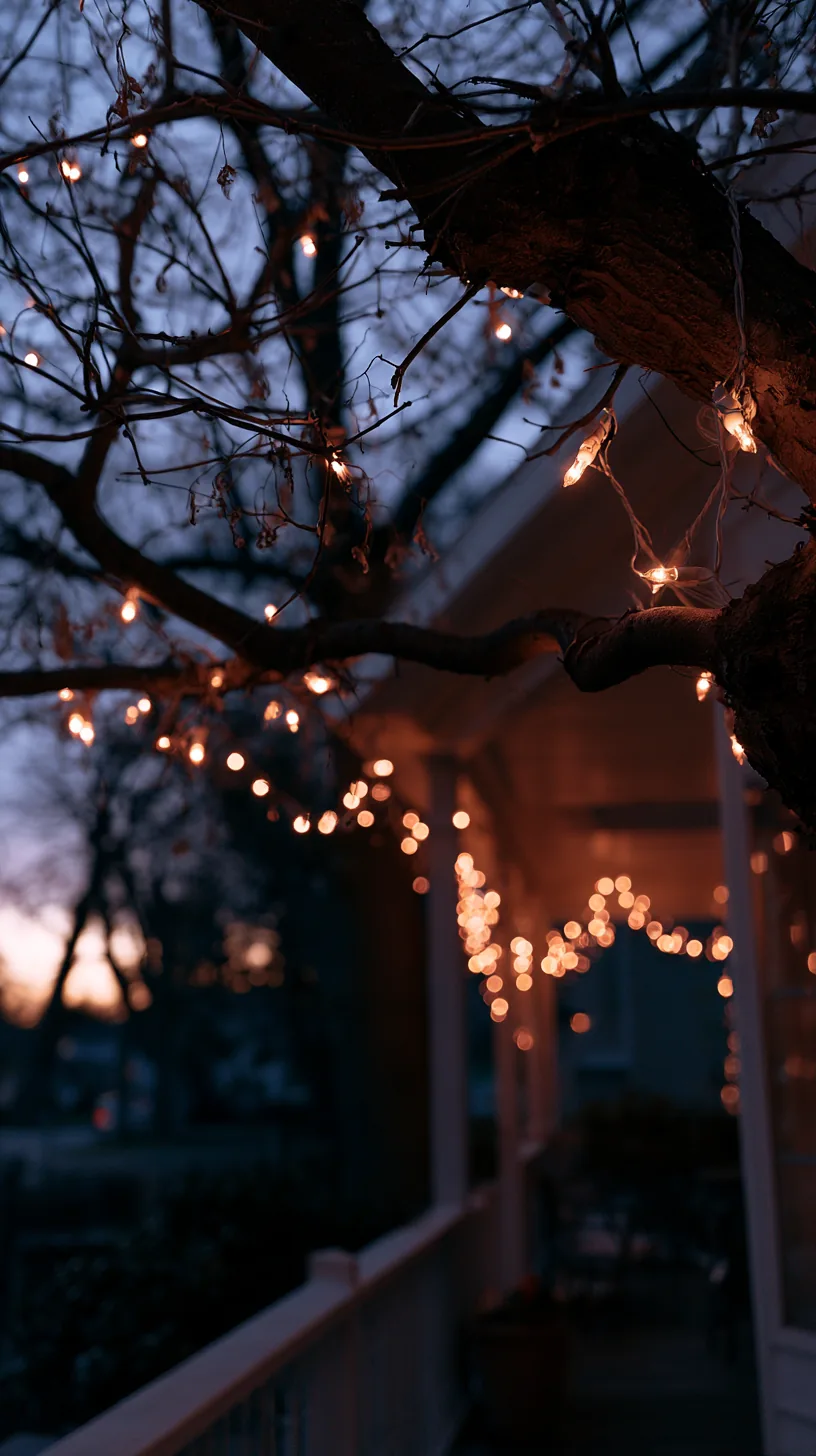 warm string lights draped through the branches of a tree beside a porch, photo 2 of 4