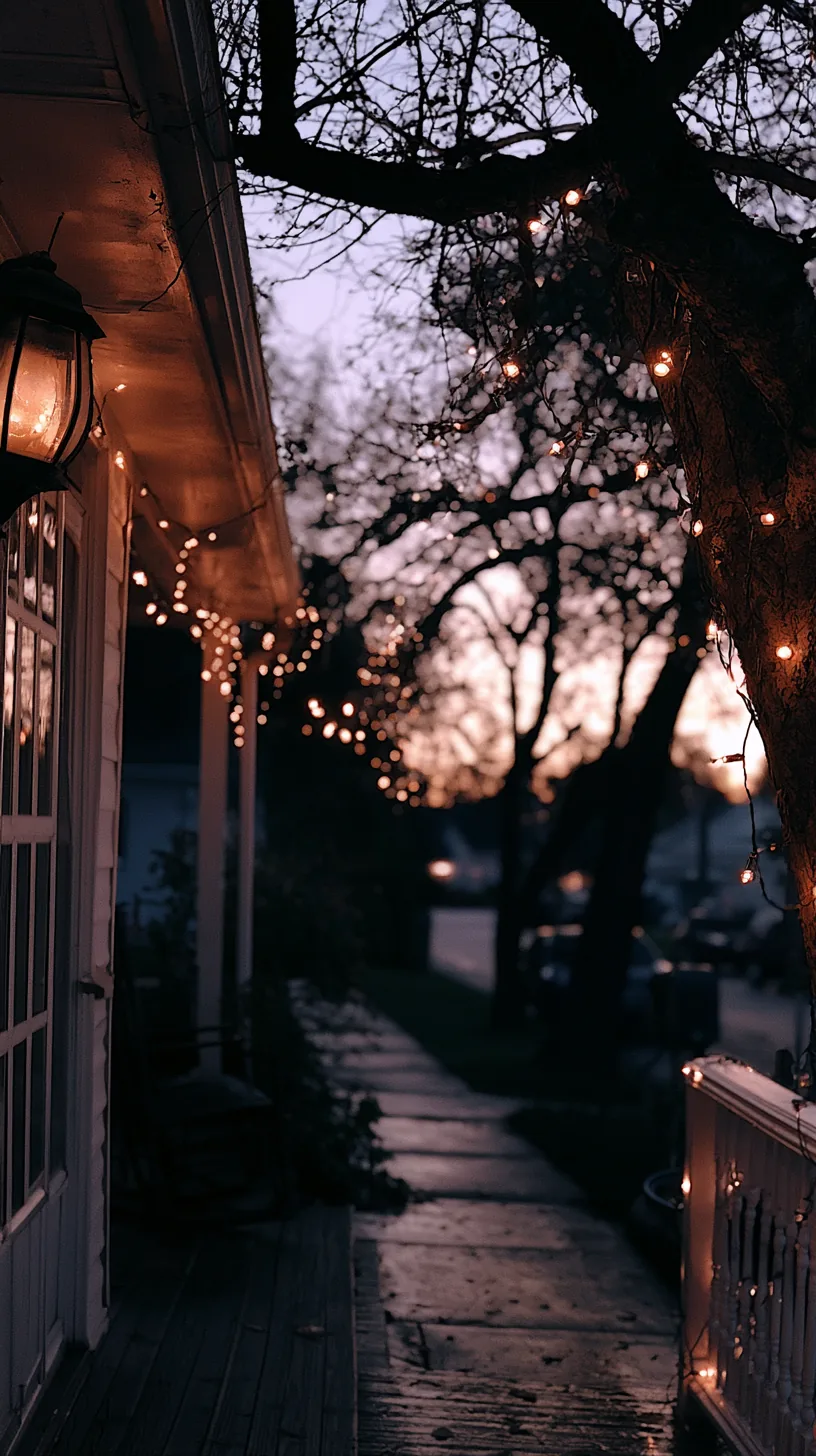 warm string lights draped through the branches of a tree beside a porch, photo 3 of 4