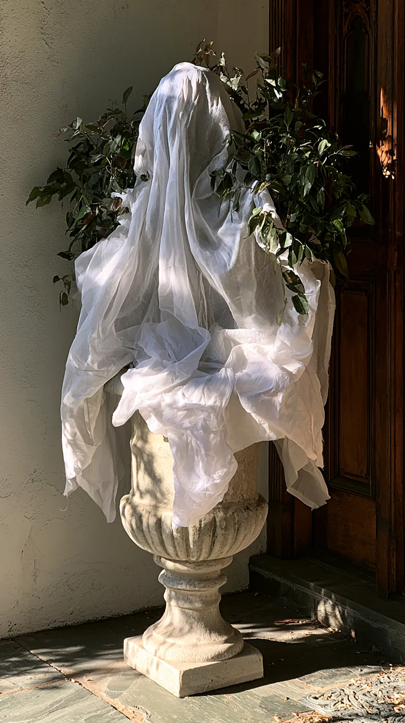 a fabric ghost shaped topiary anchored in a weighted urn planter, photo 1 of 4
