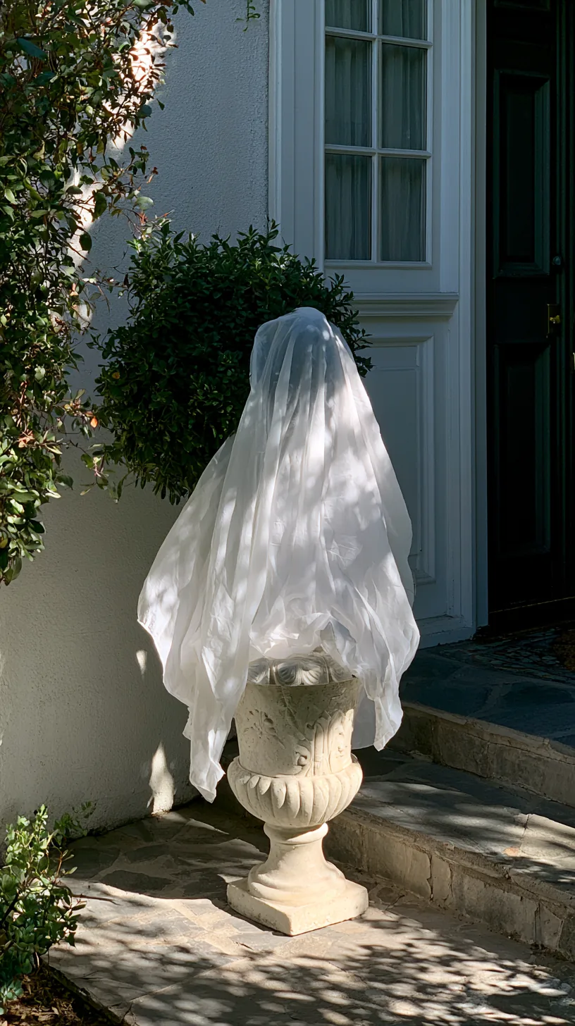 a fabric ghost shaped topiary anchored in a weighted urn planter, photo 2 of 4