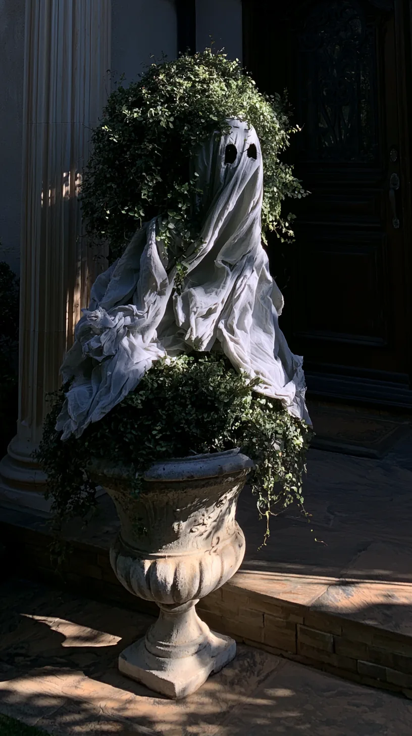 a fabric ghost shaped topiary anchored in a weighted urn planter, photo 3 of 4
