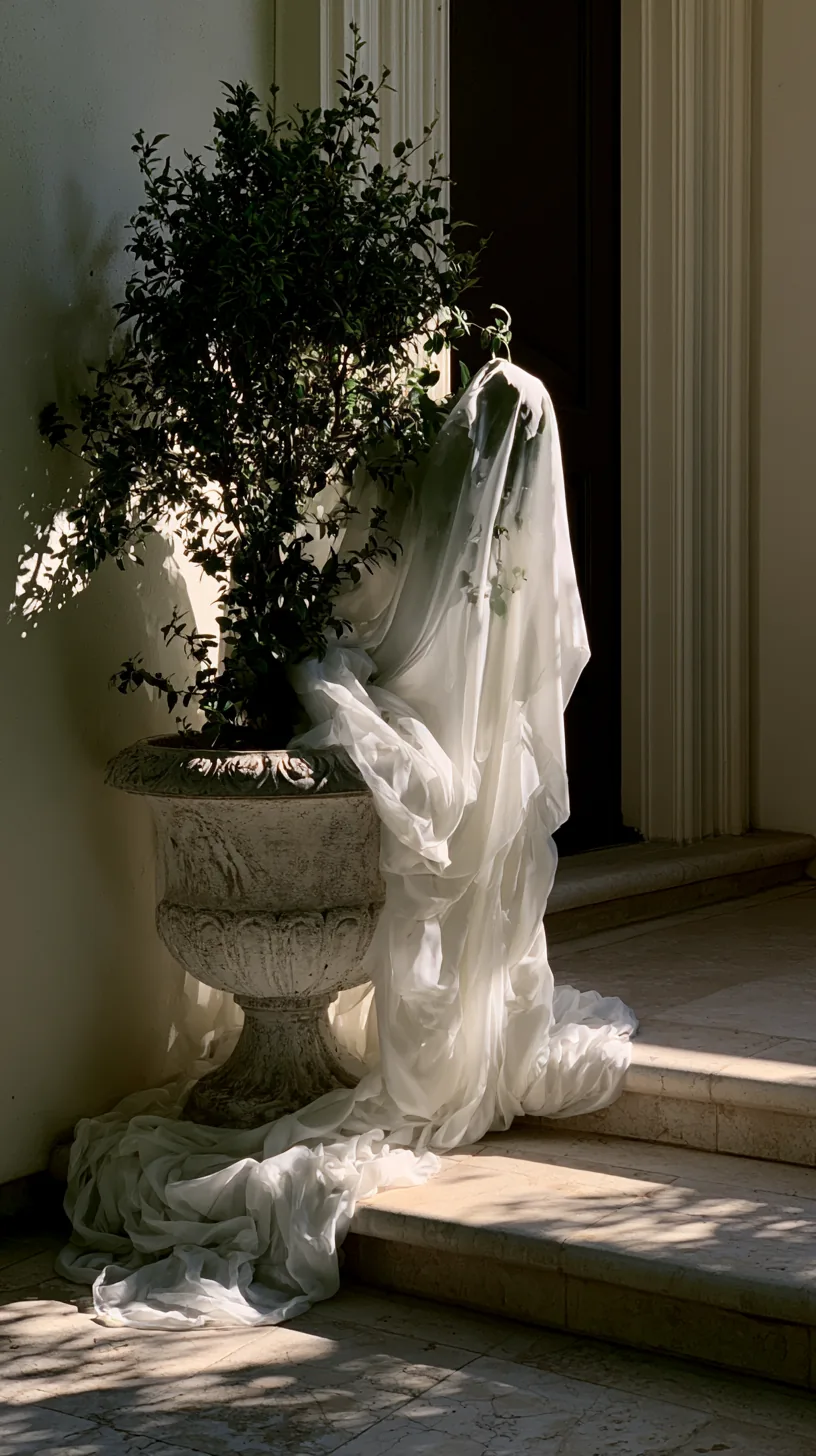 a fabric ghost shaped topiary anchored in a weighted urn planter, photo 4 of 4