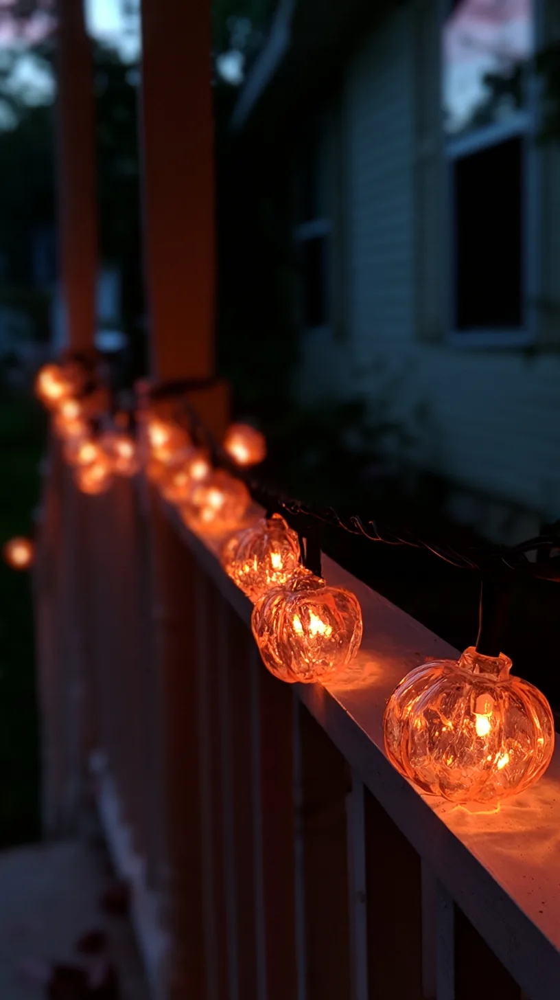 mini string lights shaped like pumpkins lining a porch railing, photo 1 of 4