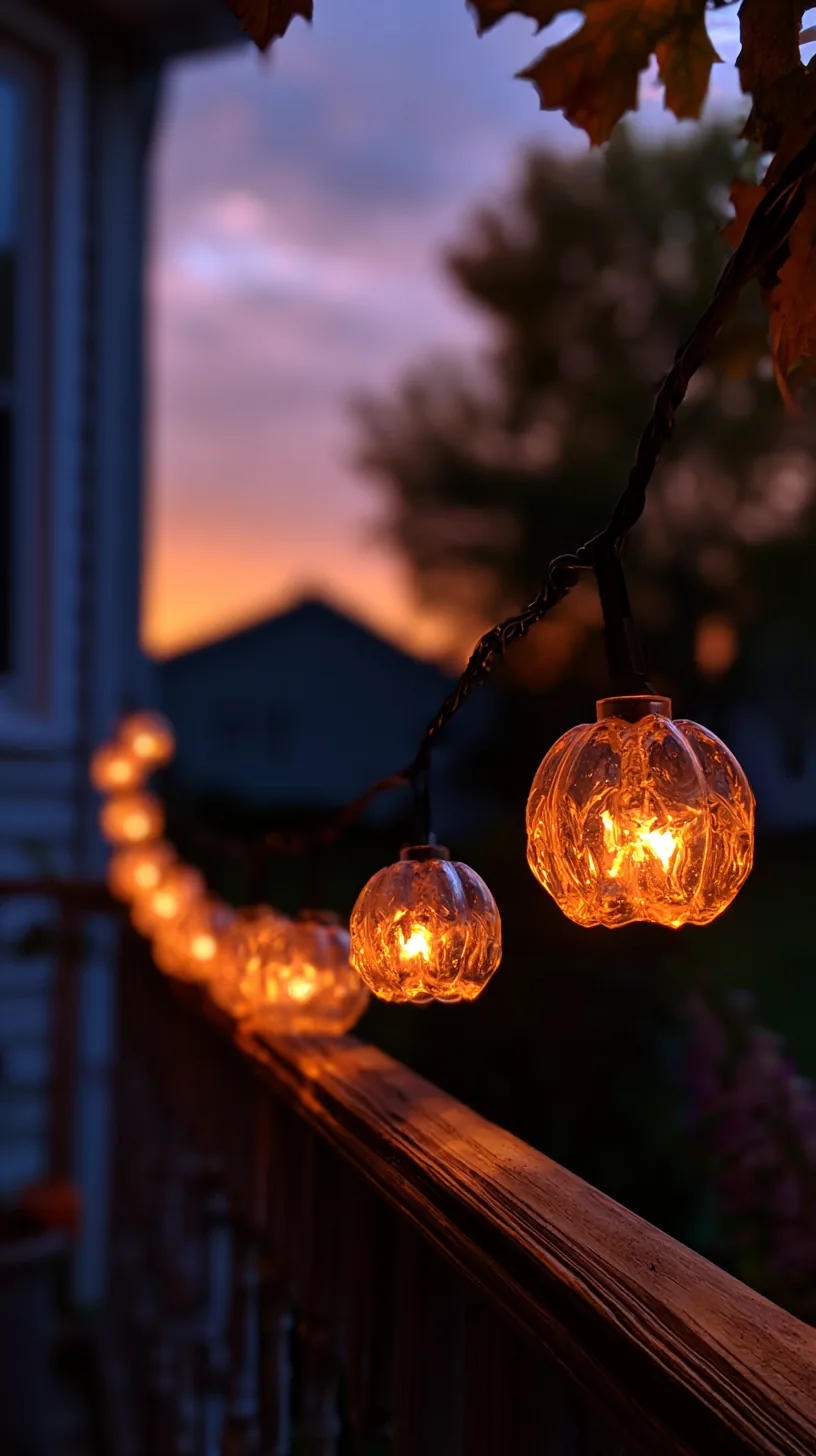 mini string lights shaped like pumpkins lining a porch railing, photo 2 of 4