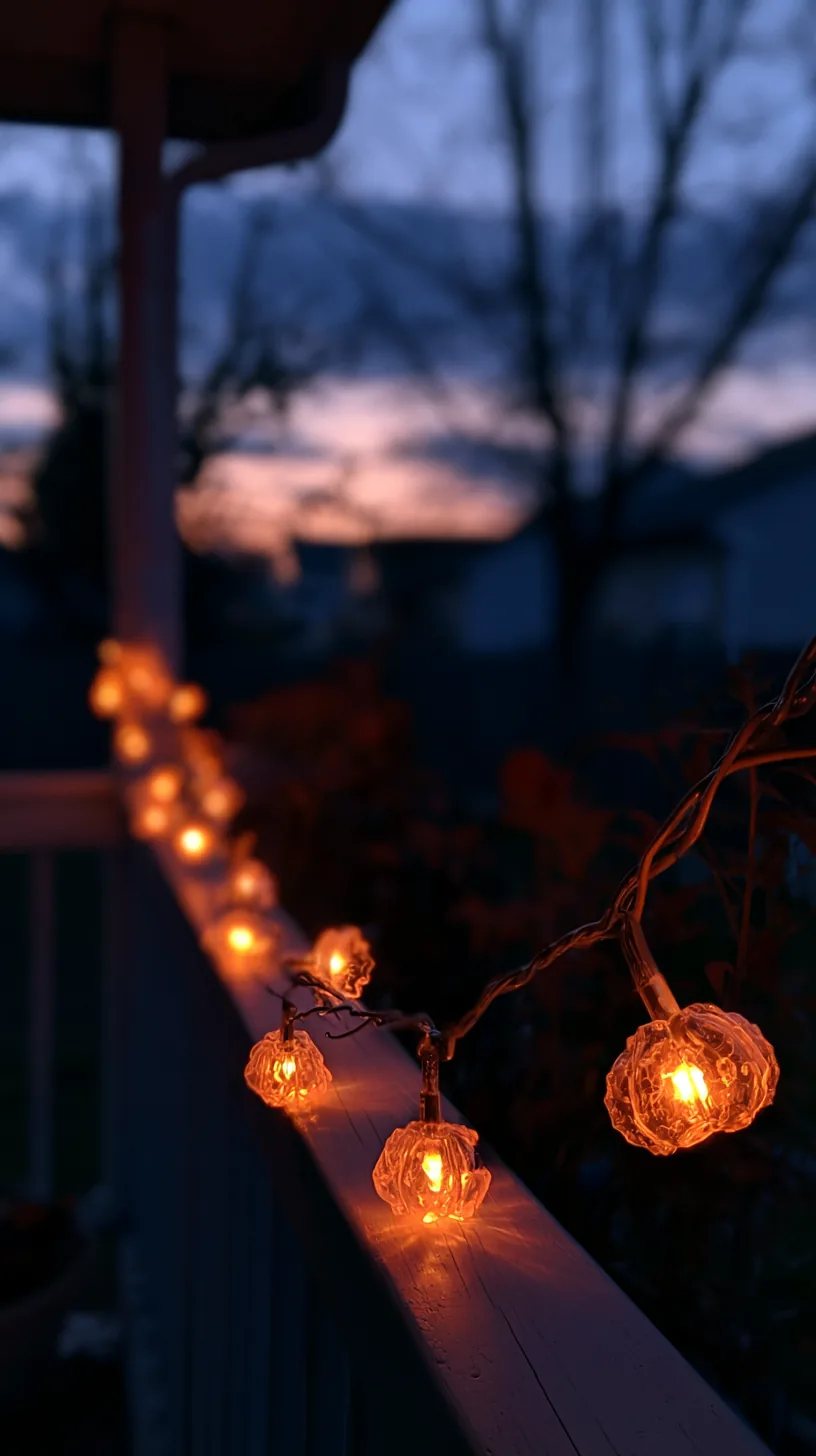 mini string lights shaped like pumpkins lining a porch railing, photo 3 of 4