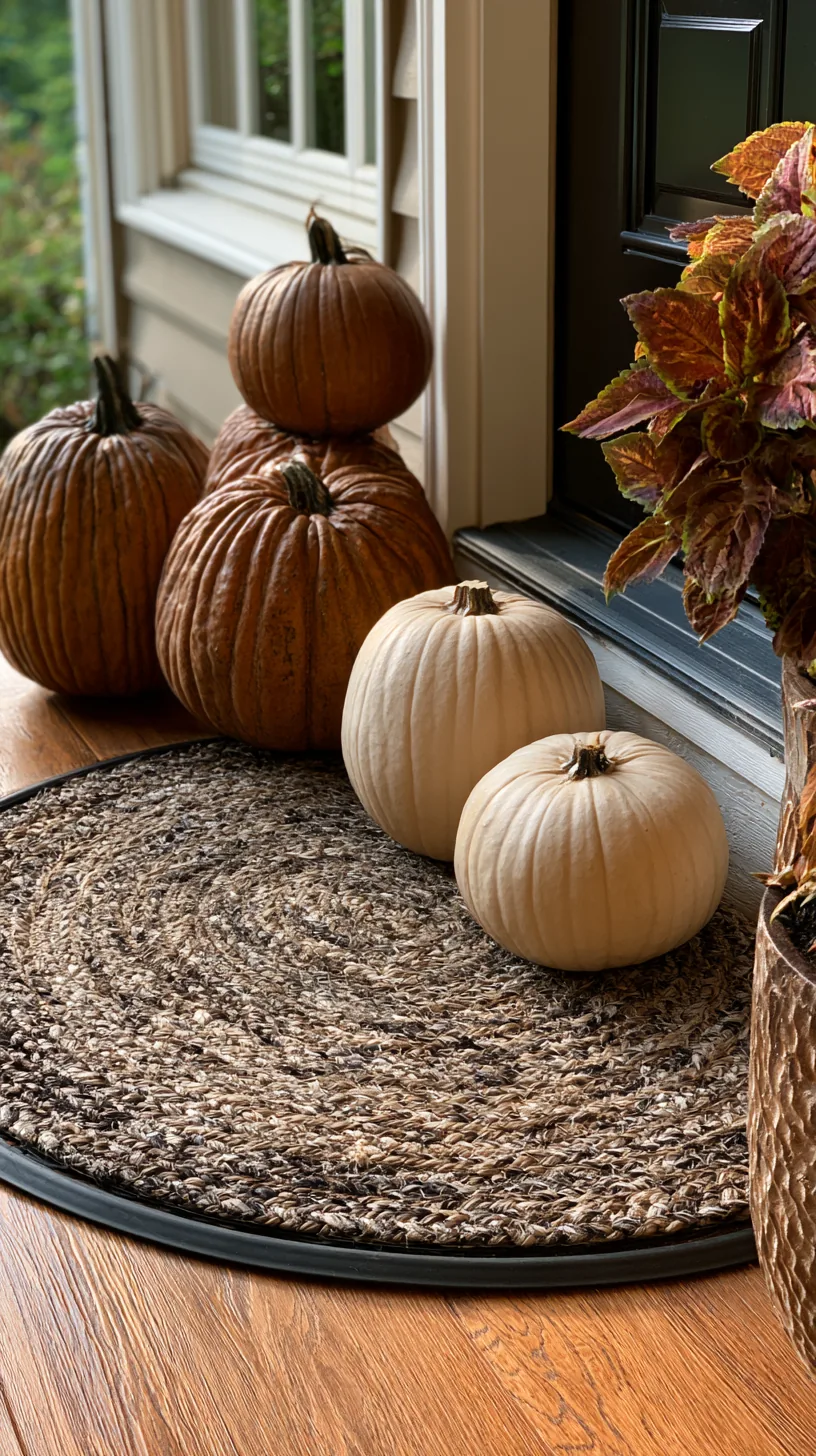 a layered doormat paired with a stacked pumpkin display at a front door, photo 2 of 4