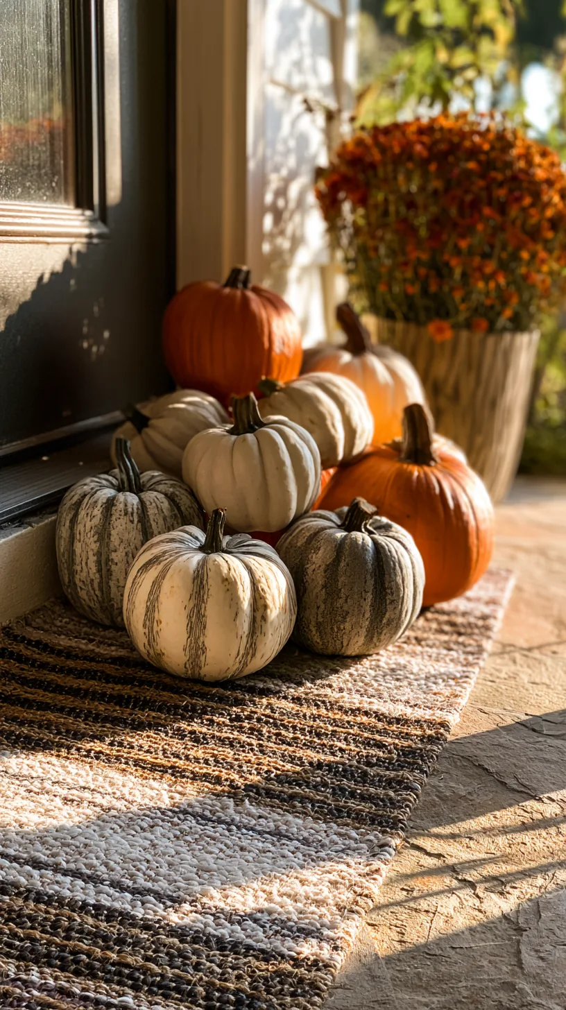 a layered doormat paired with a stacked pumpkin display at a front door, photo 4 of 4