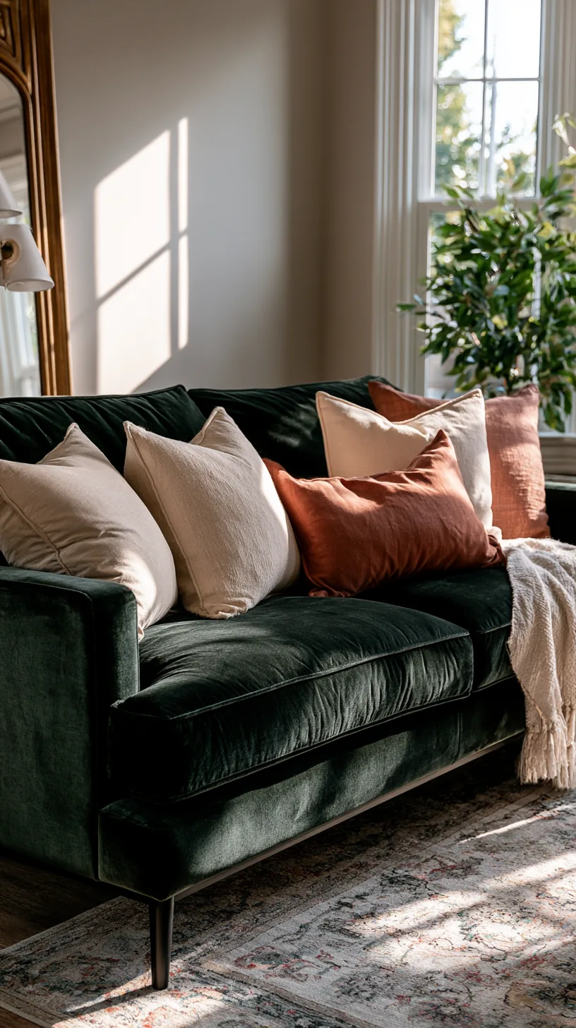 dark green velvet sofa layered with cream and rust throw pillows in a sunlit living room, photo 1 of 4