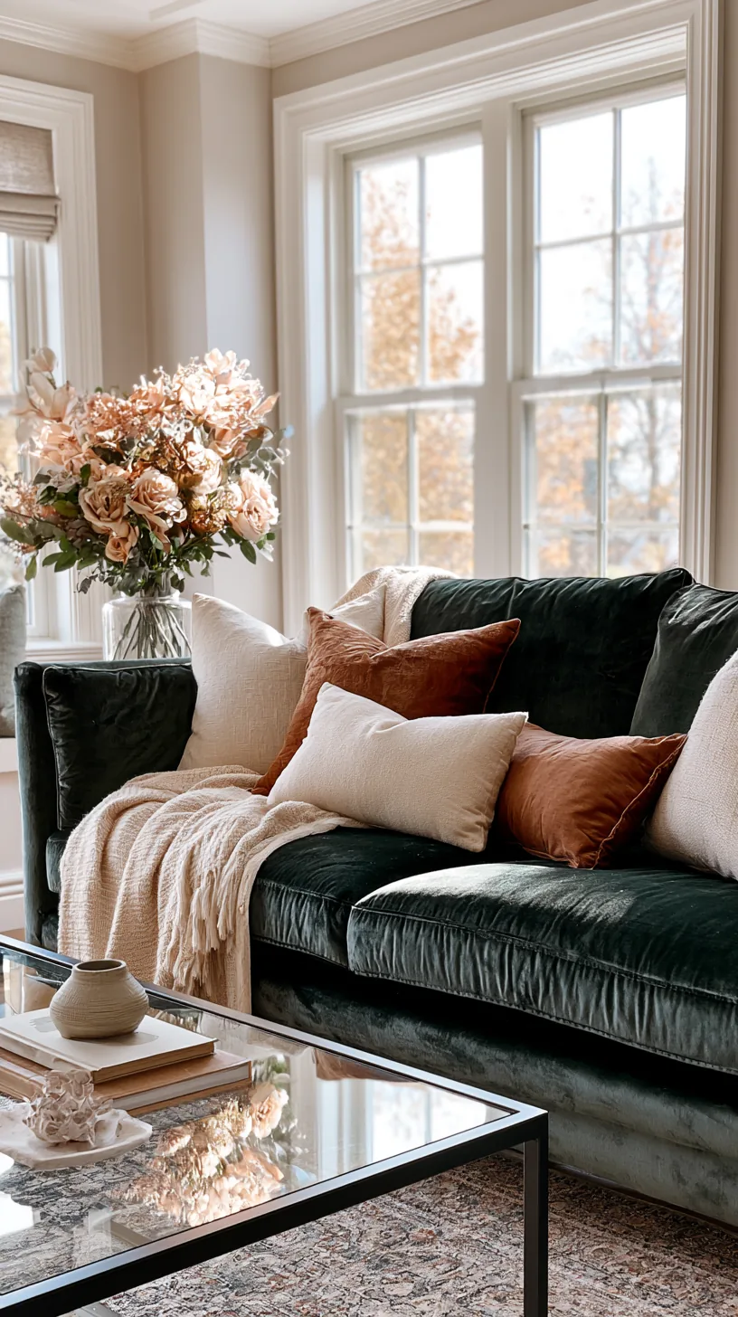 dark green velvet sofa layered with cream and rust throw pillows in a sunlit living room, photo 2 of 4