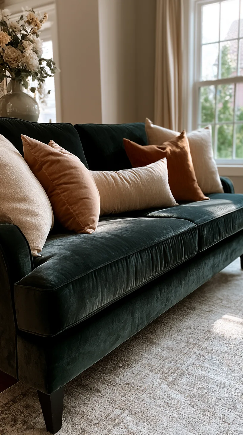 dark green velvet sofa layered with cream and rust throw pillows in a sunlit living room, photo 3 of 4