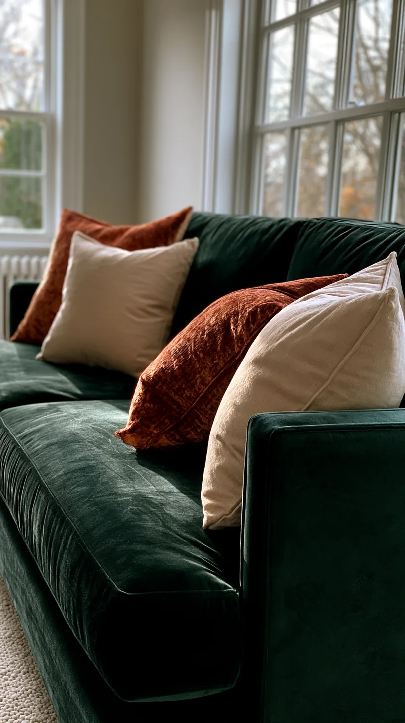 dark green velvet sofa layered with cream and rust throw pillows in a sunlit living room, photo 4 of 4