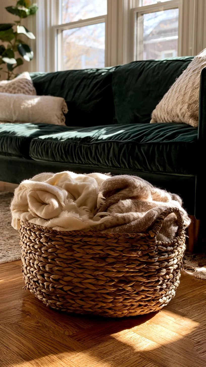 natural jute area rug anchoring a dark green sofa over light wood floors, photo 2 of 4