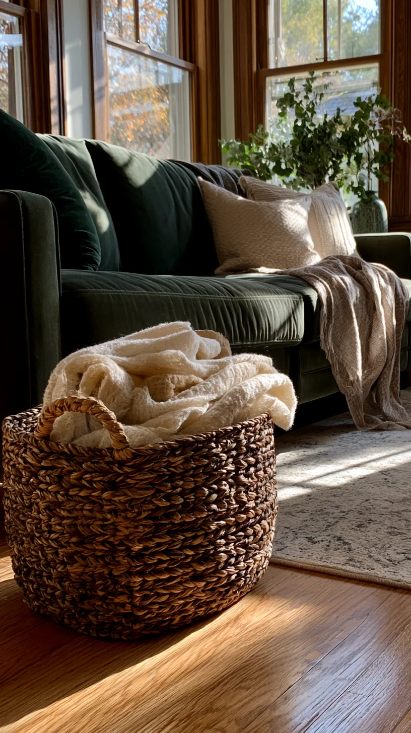 natural jute area rug anchoring a dark green sofa over light wood floors, photo 3 of 4