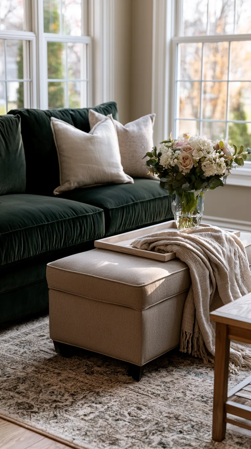 natural jute area rug anchoring a dark green sofa over light wood floors, photo 4 of 4